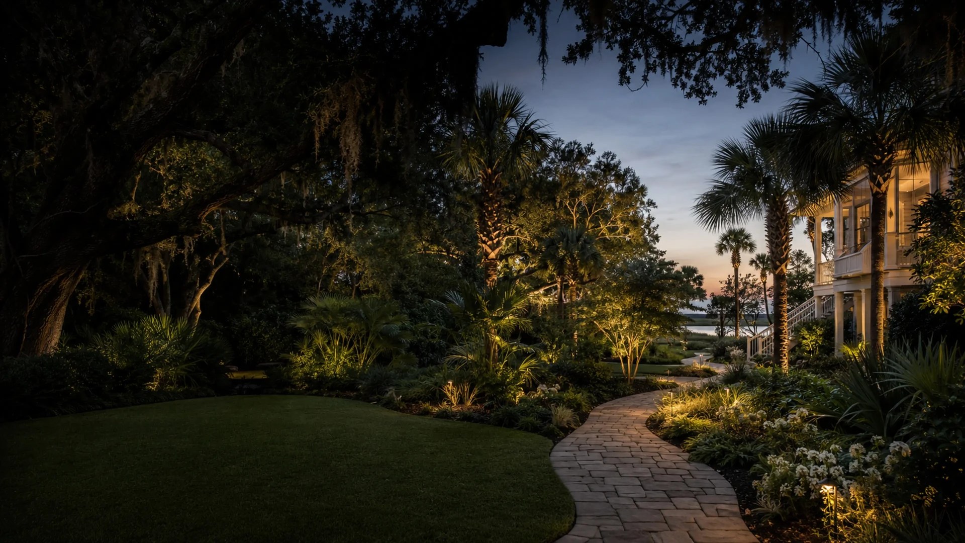 Professionally designed Lowcountry estate landscape with mature live oaks, native coastal plantings, paver walkways and architectural lighting near Charleston